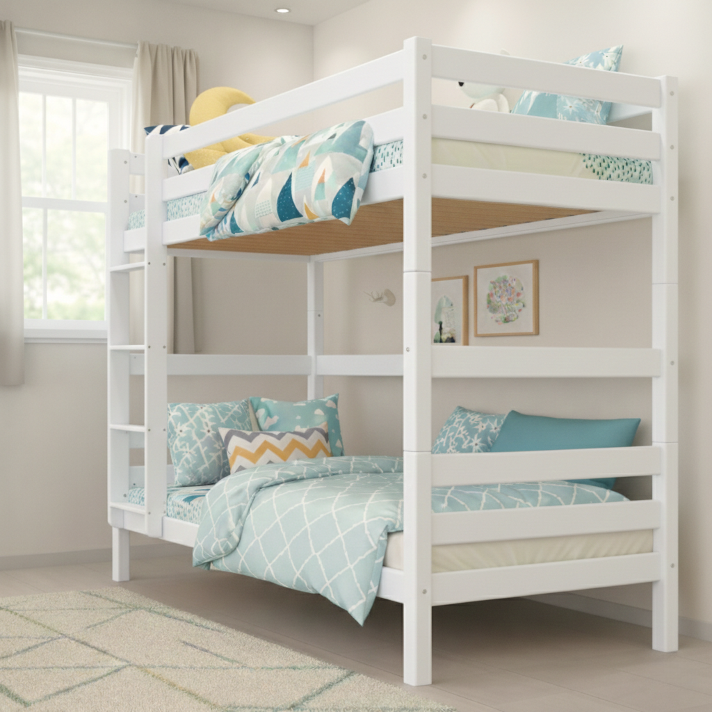 StrongBunk® Hoch Etagenbett / Stockbett Buche massiv Vollholz 90 x 200 - Weiss