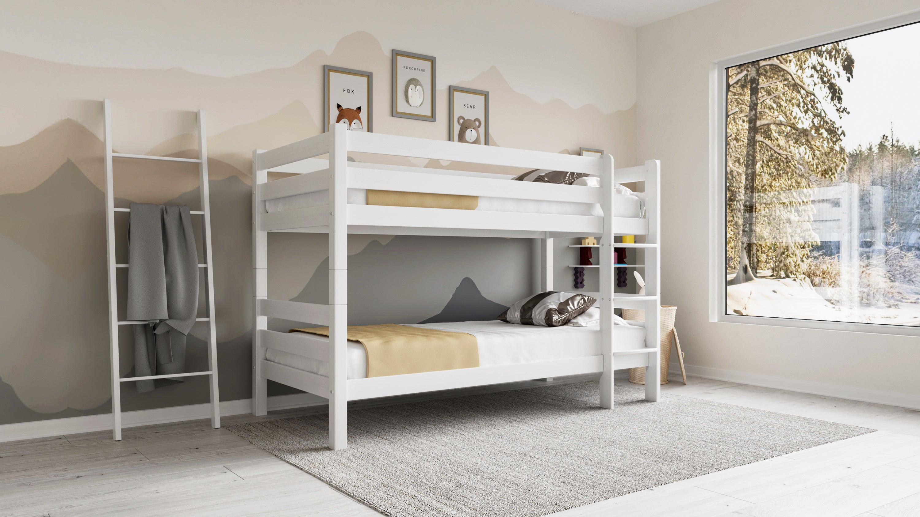 Etagenbett / Stockbett Natur Buche massiv Vollholz 90 x 200 – Weiß StrongBunk®