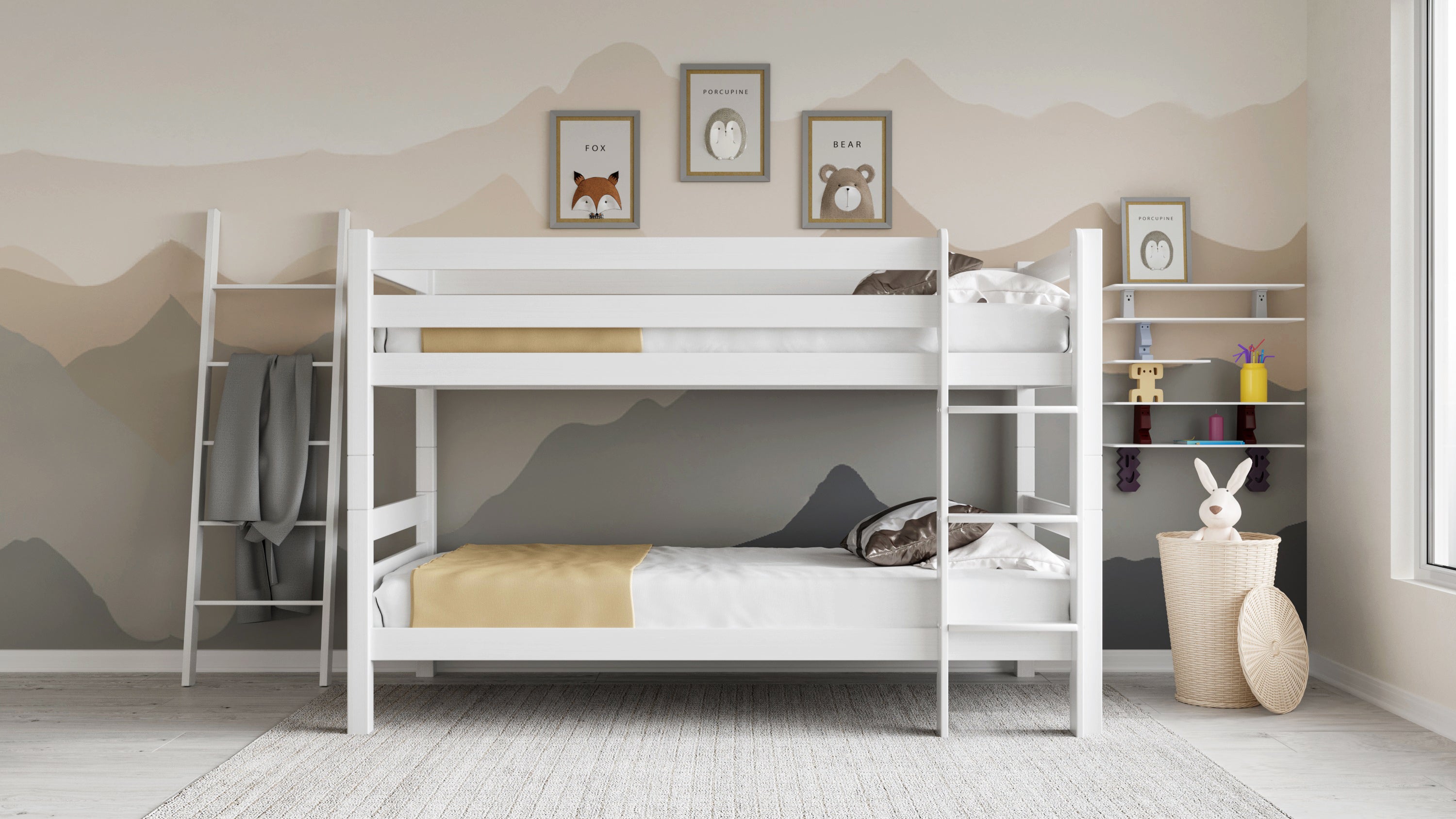 Etagenbett / Stockbett Natur Buche massiv Vollholz 90 x 200 – Weiß StrongBunk®