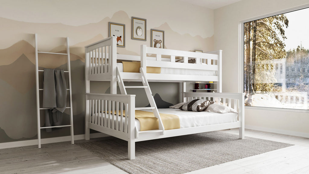 Etagenbett / Stockbett 140x200 / 90x200 Natur Buche massiv Vollholz– Weiß FamilyBunk®