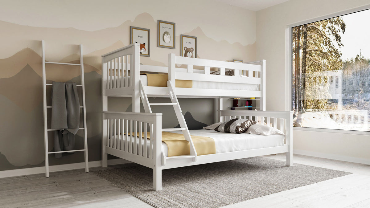 FamilyBunk® Etagenbett / Stockbett 140x200 / 90x200 Natur Buche massiv Vollholz– Weiß