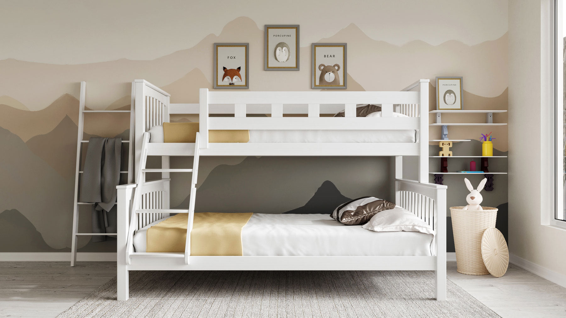 Etagenbett / Stockbett 140x200 / 90x200 Natur Buche massiv Vollholz– Weiß FamilyBunk®